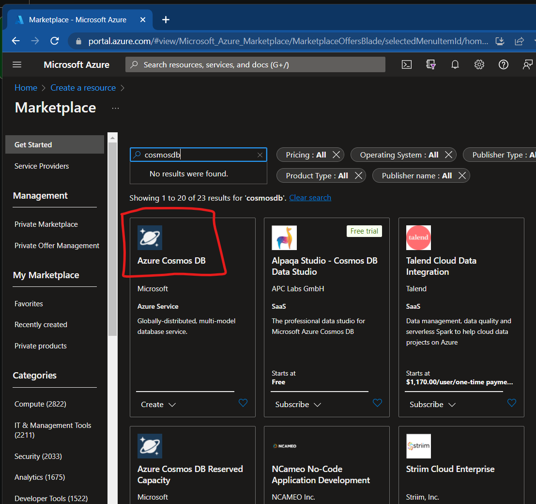 button to select Azure Cosmos DB