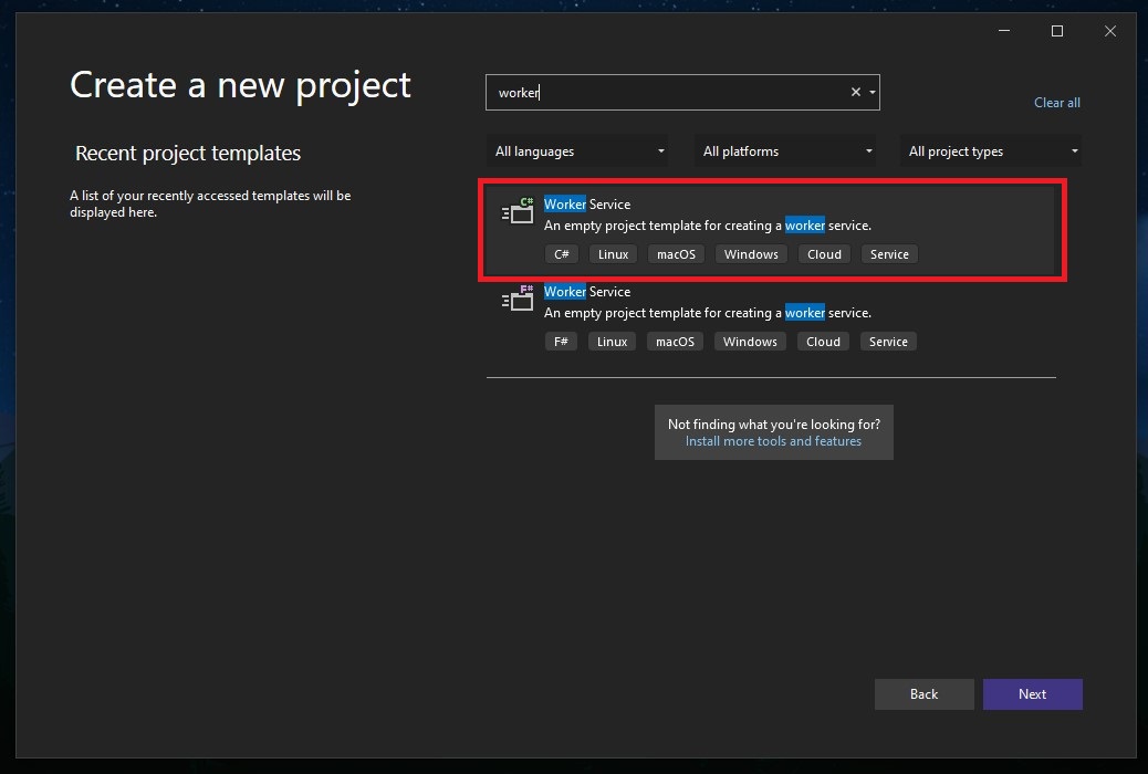 visual studio project template selection